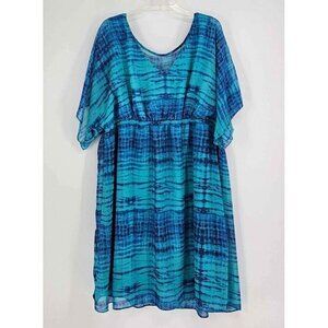 B. Smart Turquoise Blue Tie-Dye Lined Dress Elastic Waist Short Wide Sleeves 24W